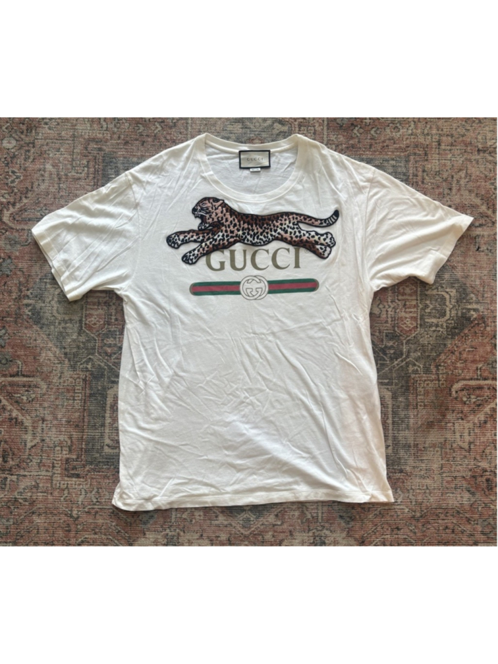 GUCCI 18SS Leopard Logo T-shirt White Cotton Vintage Logo Print Size XL